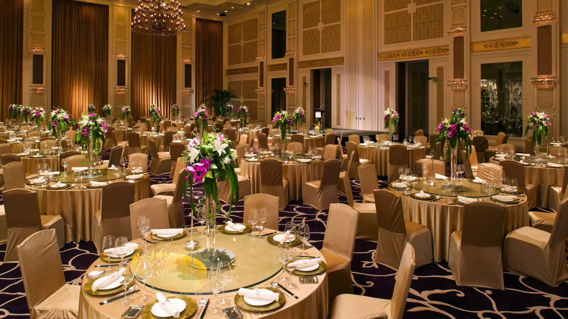 Luxury wedding setup inside a banquet hall